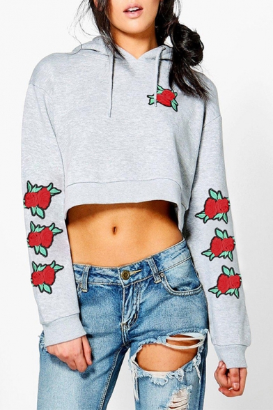 New Trendy Fashion Rose Embroidered Long Sleeve Loose Cropped Hoodie