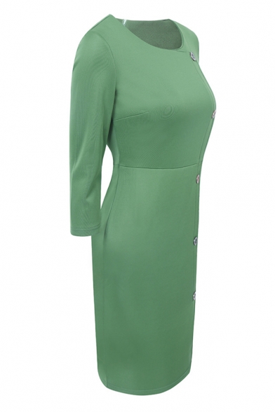 Office Lady Simple Plain Round Neck 3/4 Sleeve Buttons Down Side Midi Pencil Dress