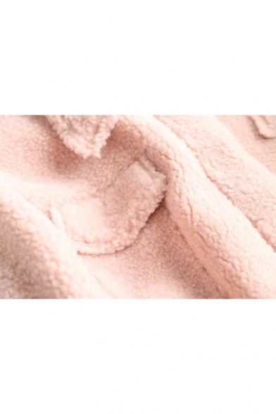 Basic Simple Plain Warm Lapel Collar Long Sleeve Lamb Wool Coat with Pockets
