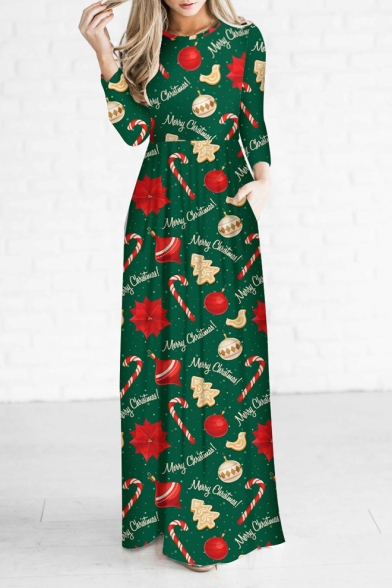 Chic Cartoon Christmas Theme Pattern Long Sleeve Round Neck Maxi Dress