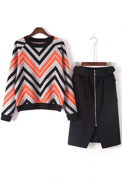 Color Block Striped Printed Long Sleeve Sweater with Midi Zip Up Pencil Skirt