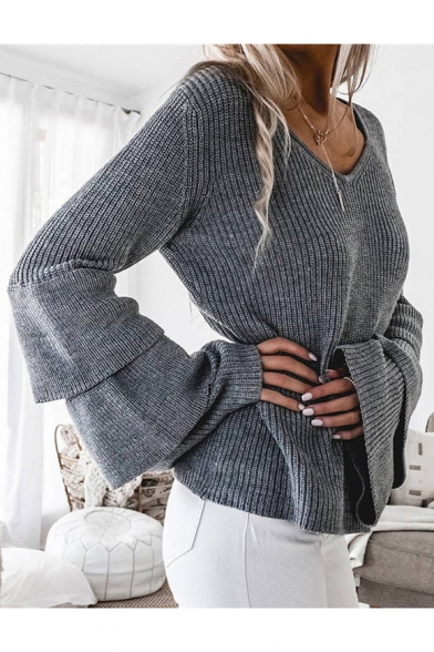 Comfort Cozy Loose Oversize Simple Plain Flared Sleeve V Neck Sweater