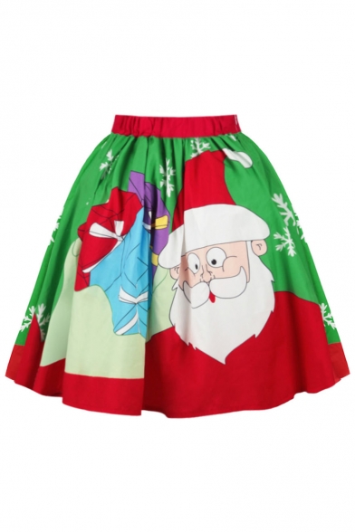 Fashion Digital Christmas Santa Claus Pattern Elastic Waist Midi Flared Skirt