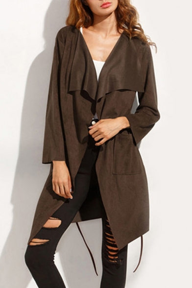 Fashion Notched Lapel Collar Long Sleeve Simple Plain Trench Coat with Pockets