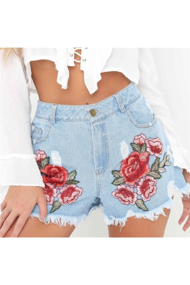 Floral Embroidered Raw Hem Ripped Light Wash Demin Shorts