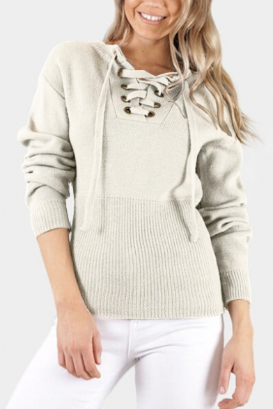 Hot Fashion Lace-Up V Neck Long Sleeve Basic Plain Pullover Sweater