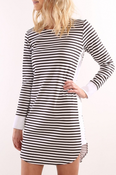 Hot Popular Classic Striped Printed Round Neck Long Sleeve Mini T-Shirt Dress