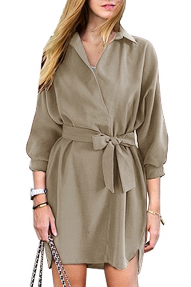 

New Arrival Chic Elegant Simple Plain Lapel Collar Long Sleeve Midi Shirt Dress, Burgundy;dark green;dark khaki, LC450623