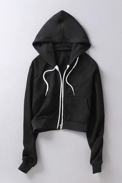 New Fashion Simple Basic Plain Long Sleeve Zip Up Cropped Hoodie