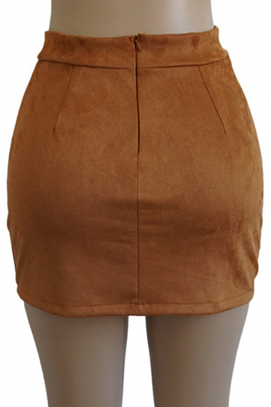New Trendy Fashion Grommet Lace-Up Side Simple Plain Mini Bodycon Skirt