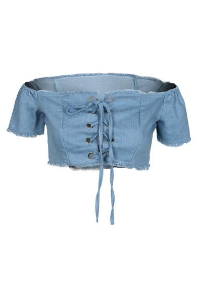 Sexy Off-the-shoulder Crisscross Tie Front Denim Cropped Bustier