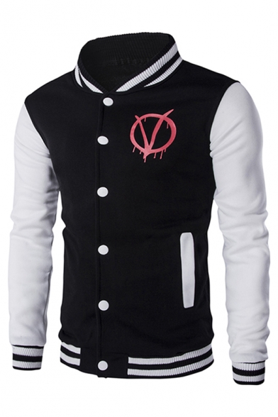 Stand-Up Collar Long Sleeve Fashion Color Block Letter Pattern Buttons Down Baseball Jacket