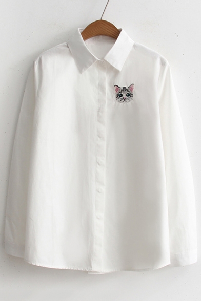 Cartoon Cat Embroidered Basic Simple Long Sleeve Buttons Down Shirt