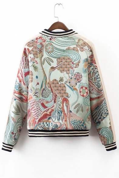 Chic Floral Crane Random Embroidered Contrast Stand-Up Collar Zip Up Baseball Jacket