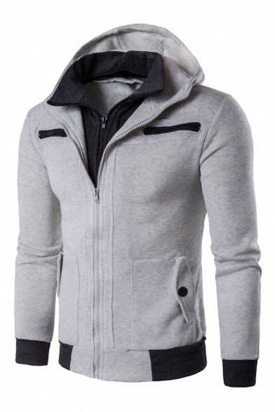 Color Block 2 in 1 Hooded Double-Zip Up Long Sleeve Coat