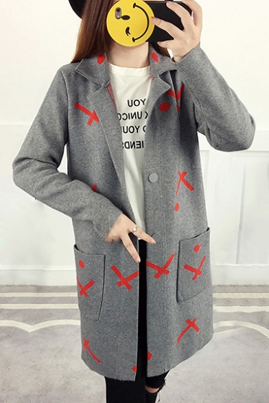 Color Block Lapel Collar Long Sleeve Long Buttons Down Cardigan with Pockets