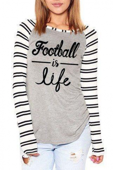Color Block Striped Pattern Letter Print Long Sleeve Round Neck T-Shirt