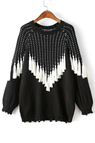 Fashion Plain Tassel Hem Round Neck Long Sleeve Pullover Sweater