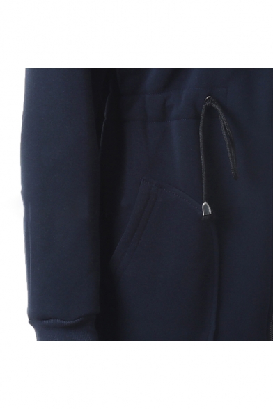 Fashion Drawstring Waist Basic Plain Long Sleeve Zip Up Tunic Hoodie with Pockets