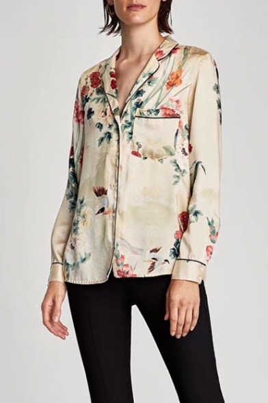 Fashion Floral Print Notched Lapel Collar Long Sleeve Shirt with Single Pocket