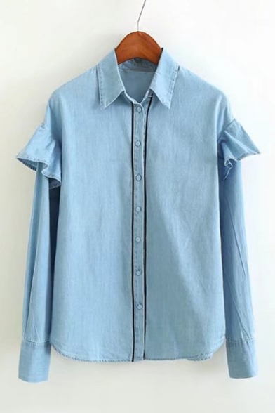 Fashion Ruffle Hem Long Sleeve Lapel Collar Simple Basic Denim Shirt