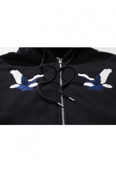 Fashion Striped Pattern Long Sleeve Double Eagle Embroidered Zip Up Hoodie