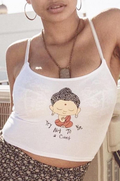 Funny Cartoon Buddha Pattern Spaghetti Straps Slim Sexy Cropped Cami Top