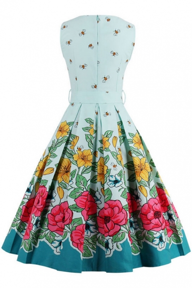 Hot Popular Retro Floral Printed V Neck Sleeveless Midi Fit Flared Dress