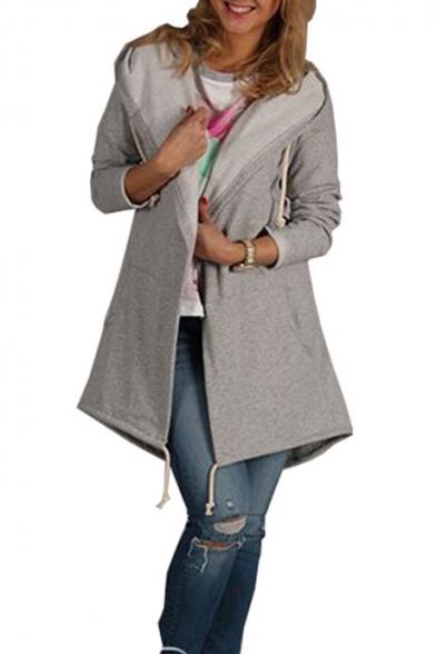 Hot Popular Simple Plain Hooded Long Sleeve Fashion Asymmetrical Hem Coat