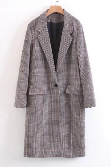 Notched Lapel Collar Long Sleeve Classic Plaids Print Long Blazer Coat with Single Button