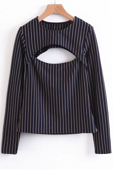 Round Neck Long Sleeve Stylish Hollow Out Striped Pattern Pullover Blouse