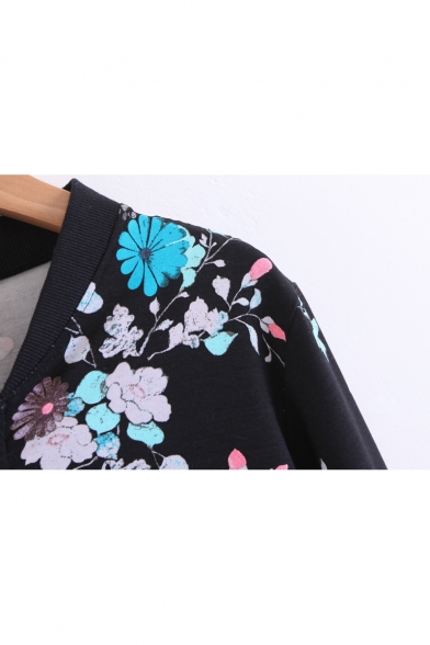 Stand-Up Collar Long Sleeve Fashion Floral Pattern Zip Up Baseball Jacket