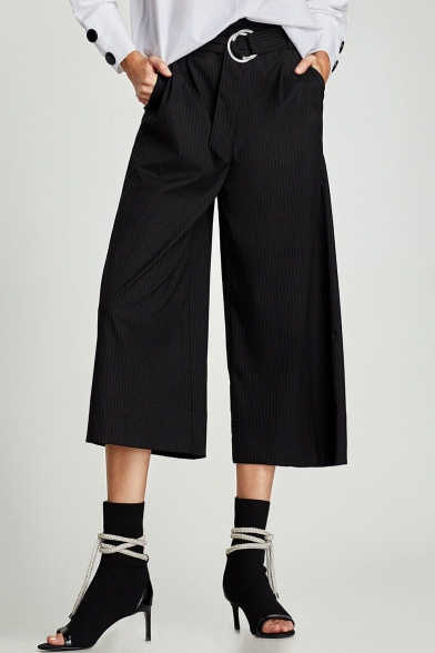 Casual Leisure Classic Striped Printed Belt Waist Loose Wide Legs Pants