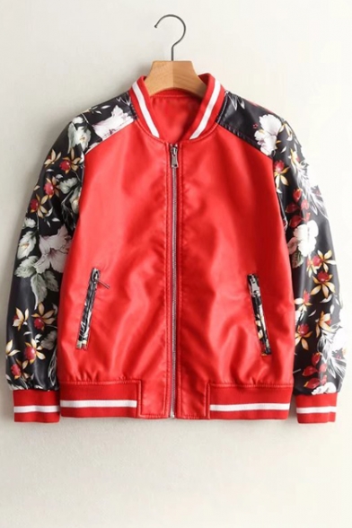 Chic Floral Pattern Stand-Up Collar Long Sleeve Zip Up PU Baseball Jacket