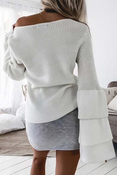 Comfort Cozy Loose Oversize Simple Plain Flared Sleeve V Neck Sweater