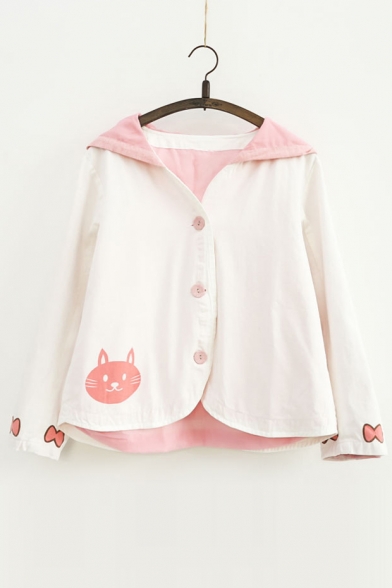 Cute Pink Cartoon Cat Pattern Hooded Long Sleeve Buttons Down Coat