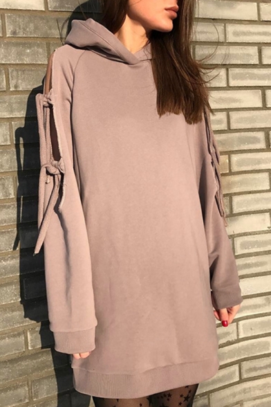 Fashion Knotted Hollow Out Long Sleeve Simple Plain Tunic Hoodie