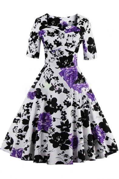 Fashion Vintage Floral Pattern Square Neck Half Sleeve Midi Fit Flared Dress