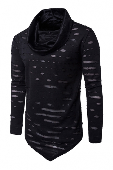 Hip-Pop Style Funnel Neck Faux Ripped High Low Hem Pullover Sweatshirt