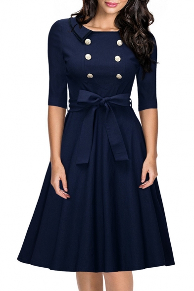 Hot Fashion Double Breasted Collared Half Sleeve Midi Plain Fit & Flare Dress