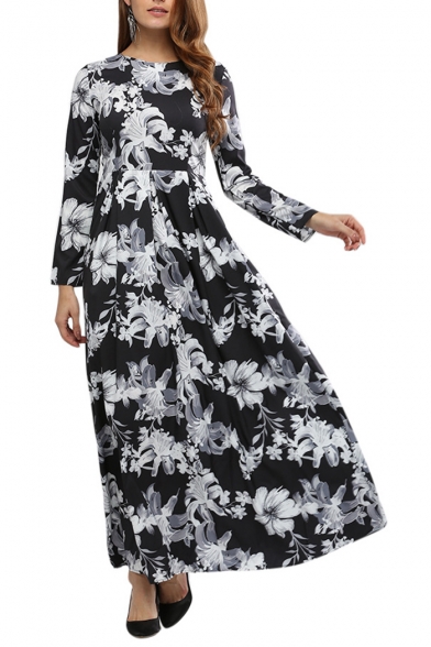 New Collection Round Neck Long Sleeve Chic Floral Pattern Maxi A-line Dress