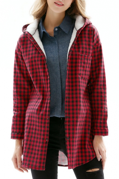New Trendy Classic Plaids Pattern Hooded Long Sleeve Coat with Single Pocket