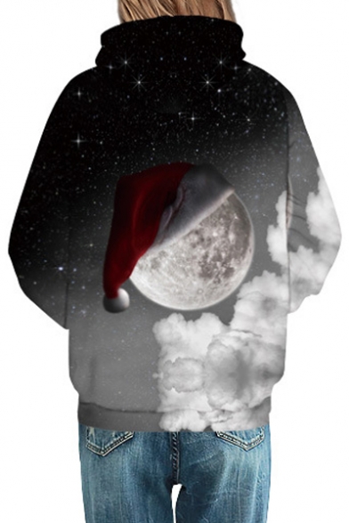 New Trendy Digital Galaxy Christmas Hat Moon Pattern Hoodie for Couple