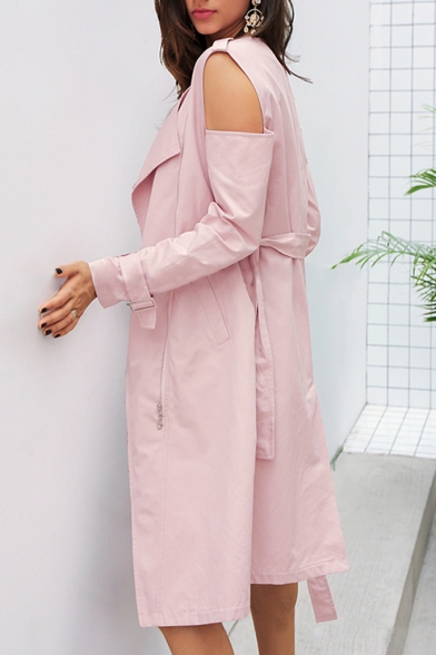 Notched Lapel Collar Long Sleeve Chic Cold Shoulder Simple Plain Zip Up Trench Coat