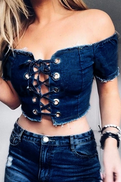Sexy Off-the-shoulder Crisscross Tie Front Denim Cropped Bustier