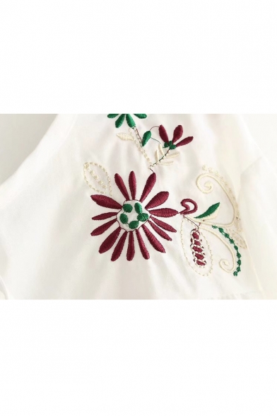 V Neck Long Sleeve Flared Cuff Chic Floral Embroidered Pullover Blouse
