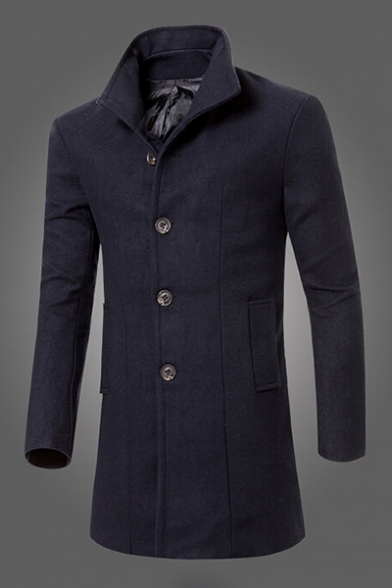 Basic Simple Plain Lapel Collar Long Sleeve Buttons Down Woolen Coat
