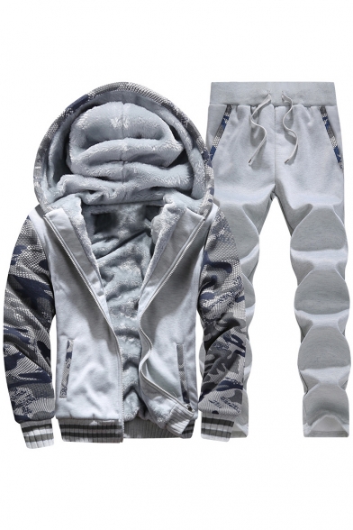 Camouflage Pattern Panel Hooded Long Sleeve Coat with Drawstring Waist Pants
