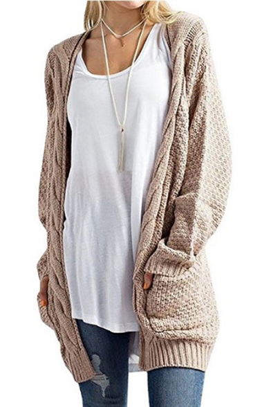 Fashion Cable Knit Open Front Long Sleeve Basic Simple Plain Cardigan with Double Pockets