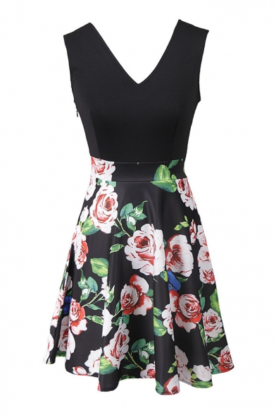 Fashion Color Block Floral Printed Plunge Neck Sleeveless Min A-Line Dress